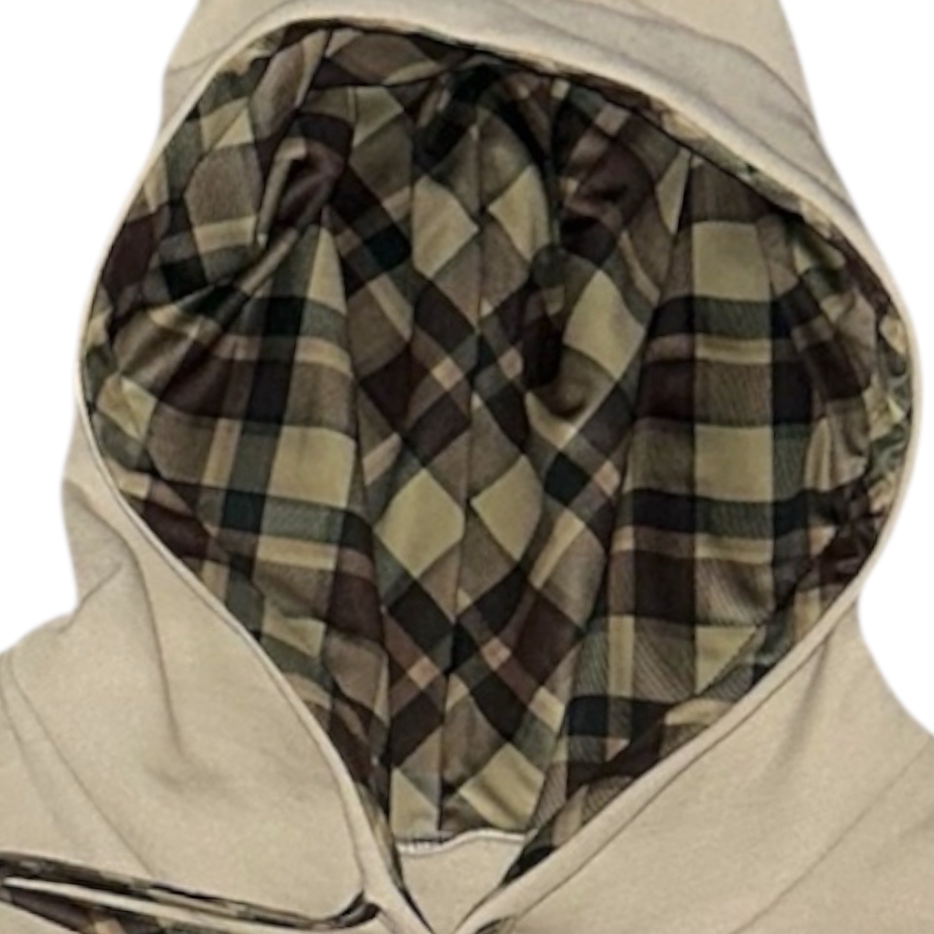 Close-up inside of hood of RF-Wear Plaid Smile Hoodie in Sand