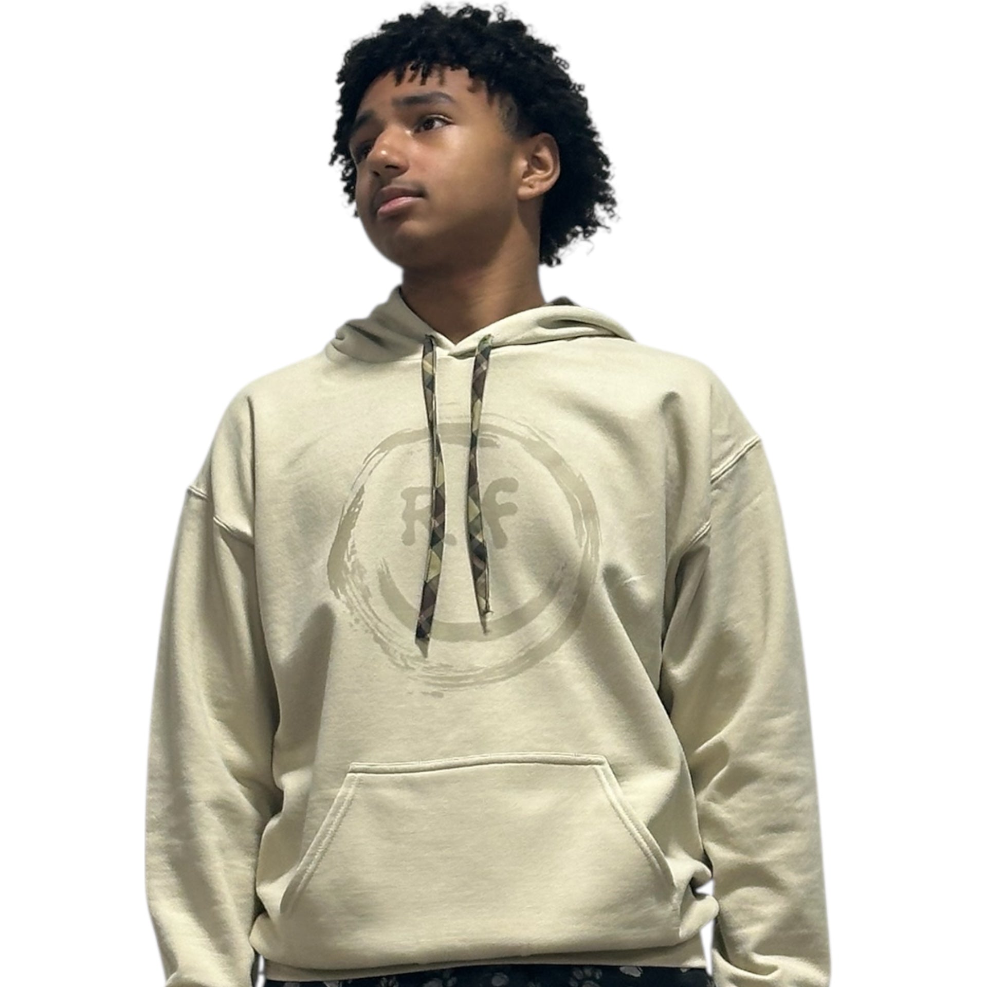 Man standing wearing RF-Wear Plaid Smile Hoodie in Sand. 