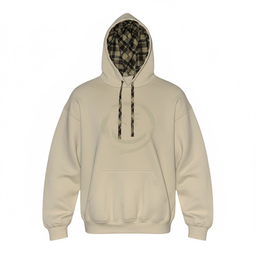 RF-Wear Plaid Smile Hoodie in Sand and plaid hood lining