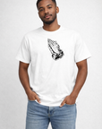 Man wearing jeans and a RF-Wear Praying Hands T-Shirt in White