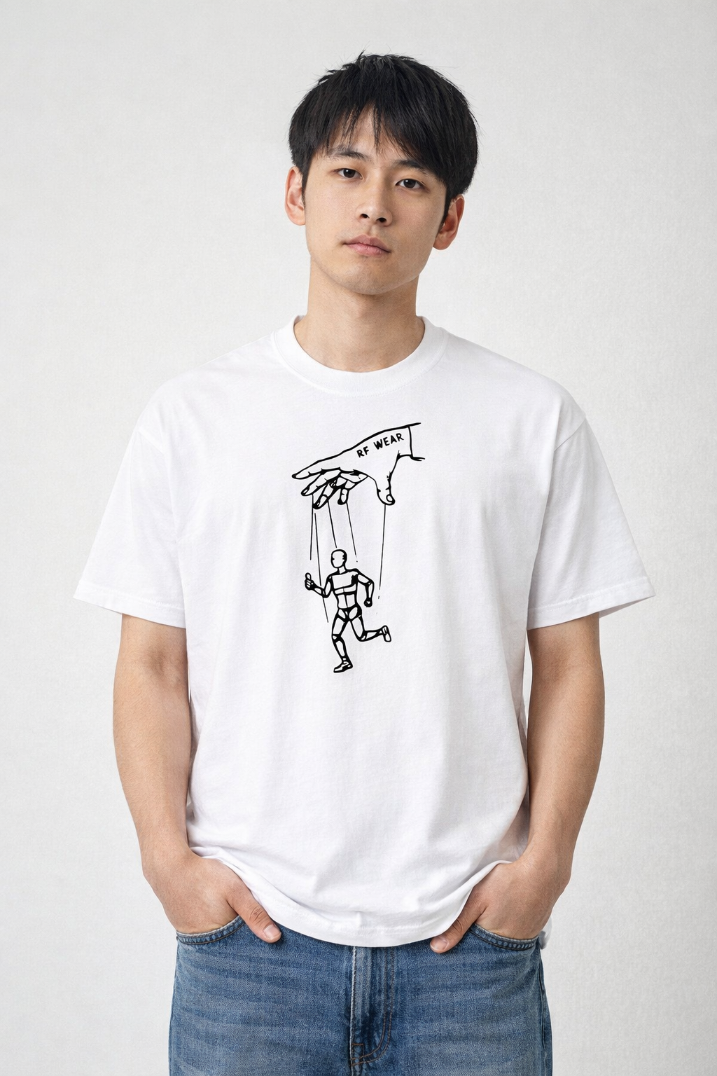 Man wearing jeans and a RF-Wear Puppeteer T-Shirt in White