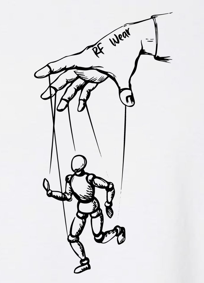 Close-up of RF-Wear Puppeteer T-Shirt in White