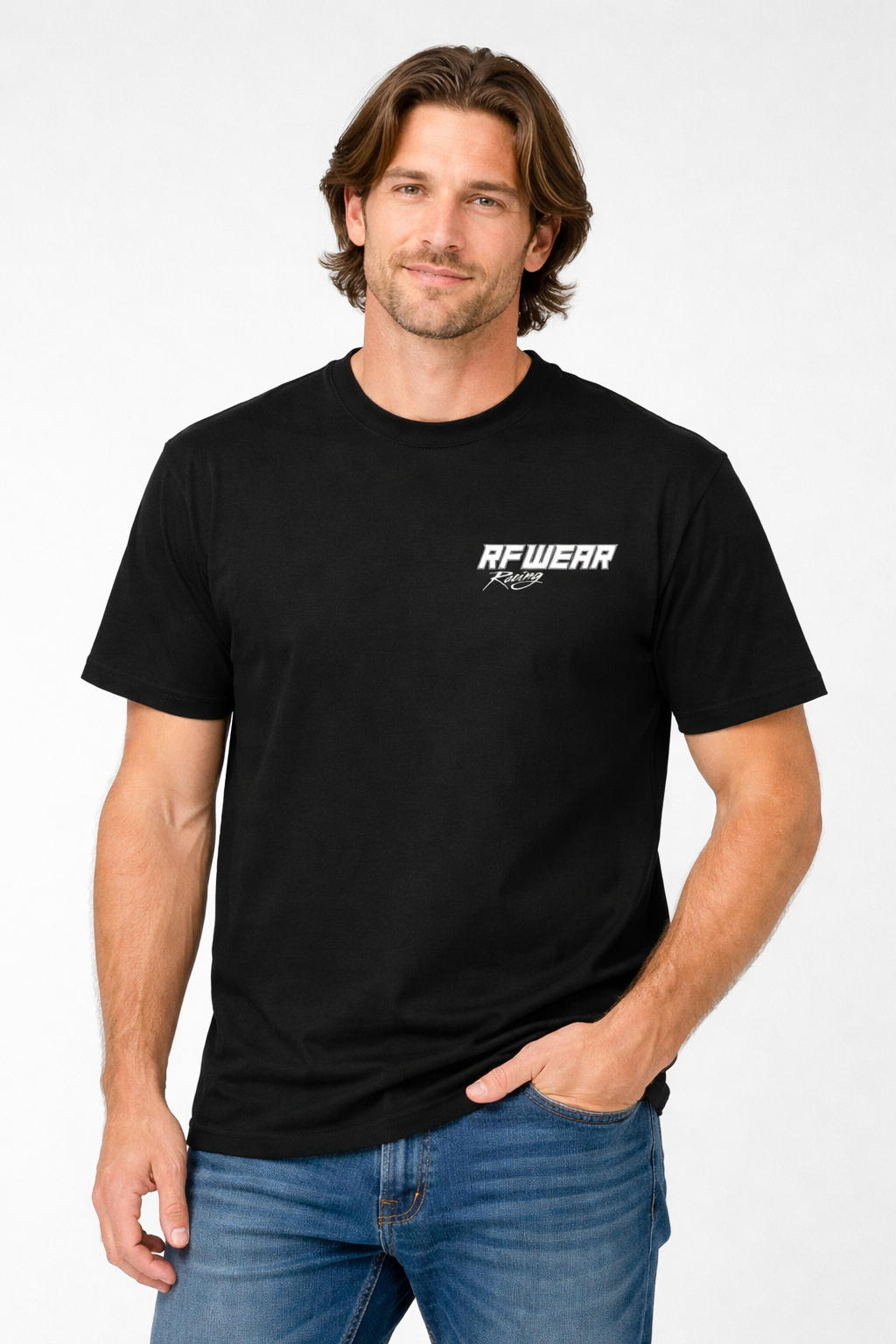 Man wearing jeans and RF-Wear Racing T-Shirt in Black - Front