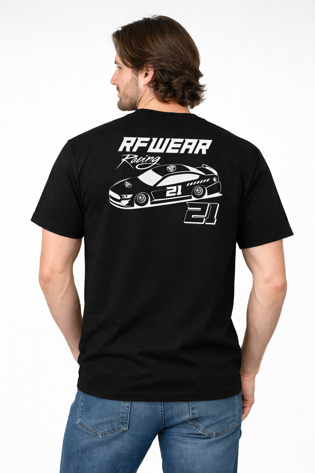 Man wearing jeans and RF-Wear Racing T-Shirt in Black - Back