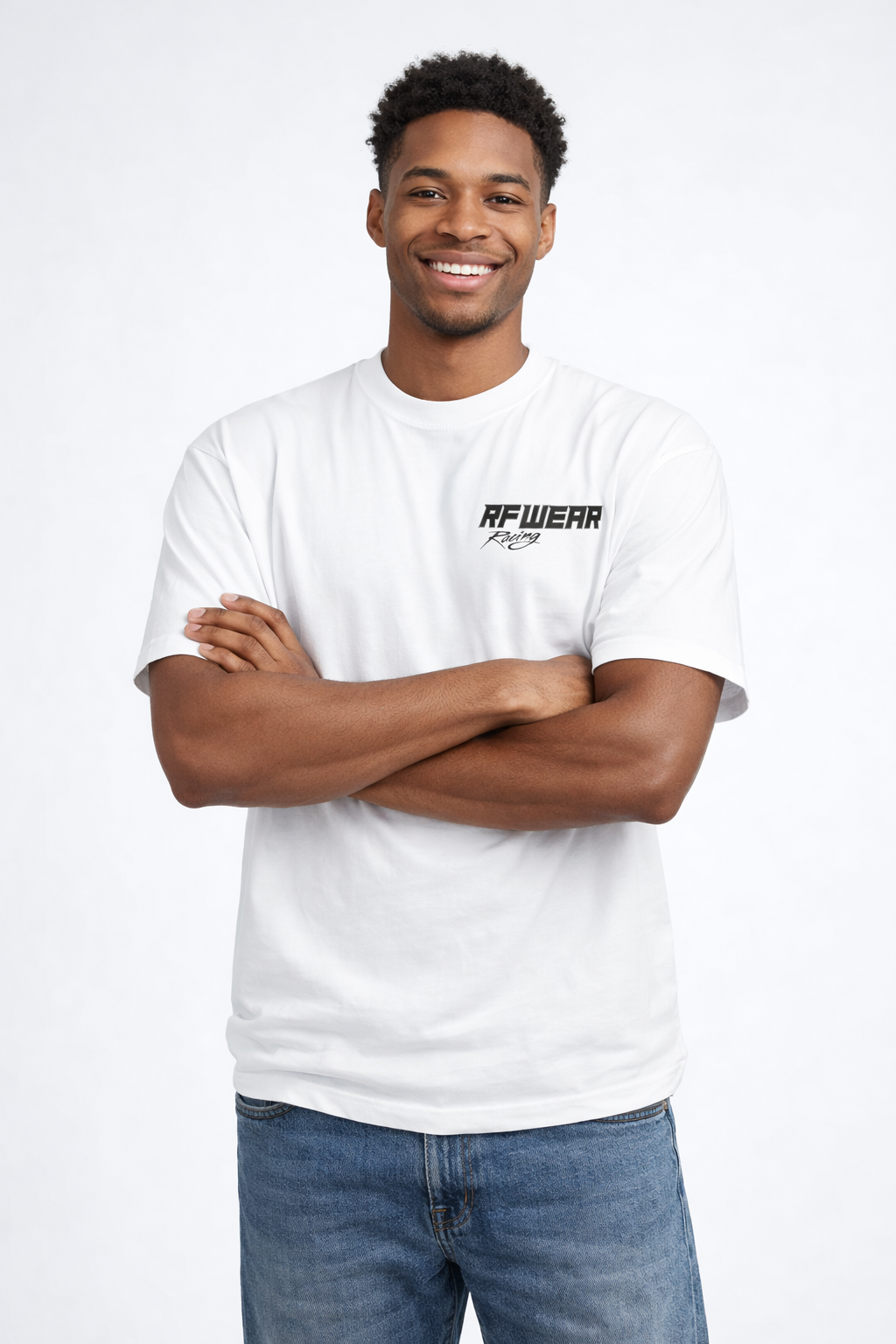 Front View of man wearing jeans and RF-Wear Racing T-Shirt in White