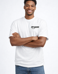Front View of man wearing jeans and RF-Wear Racing T-Shirt in White