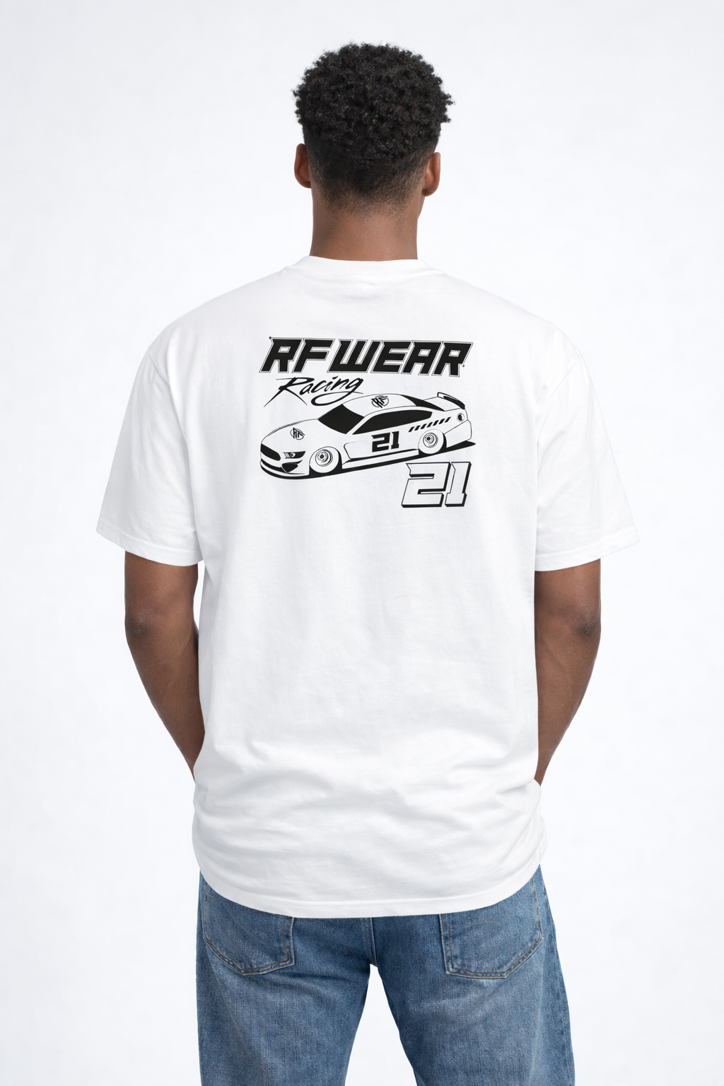 Back View of man wearing jeans and RF-Wear Racing T-Shirt in White