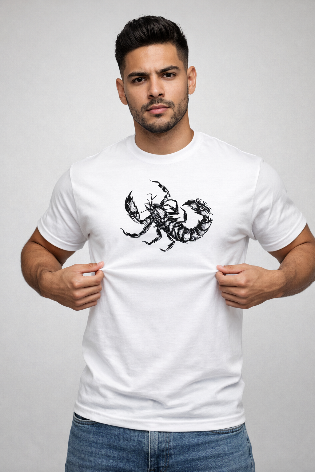 Man wearing jeans and a RF-Wear Scorpion T-Shirt in White