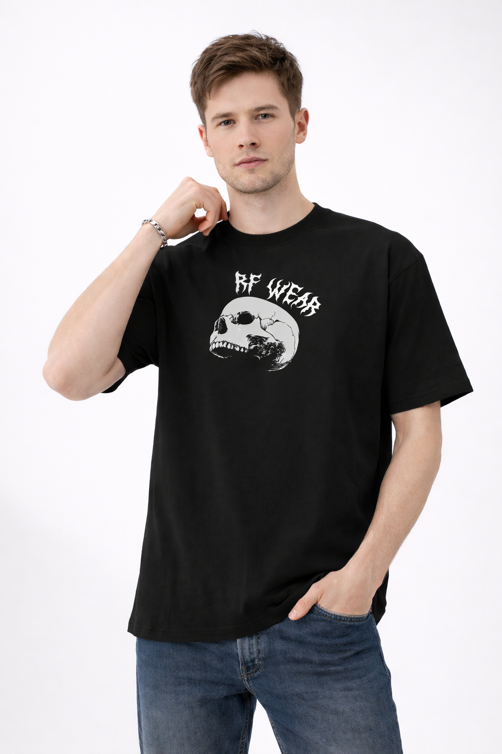 Man wearing jeans and a RF-Wear Skull T-Shirt in Black