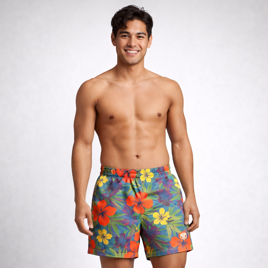 Man wearing RF-Wear Swim Trunks Hawaiian Watercolors