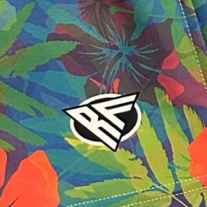 Close-up of RF-Wear Swim Trunks Hawaiian Watercolors with RF logo
