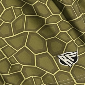 Close-up of RF-Wear Swim Trunks (Lined) Split Island Turtles with RF logo