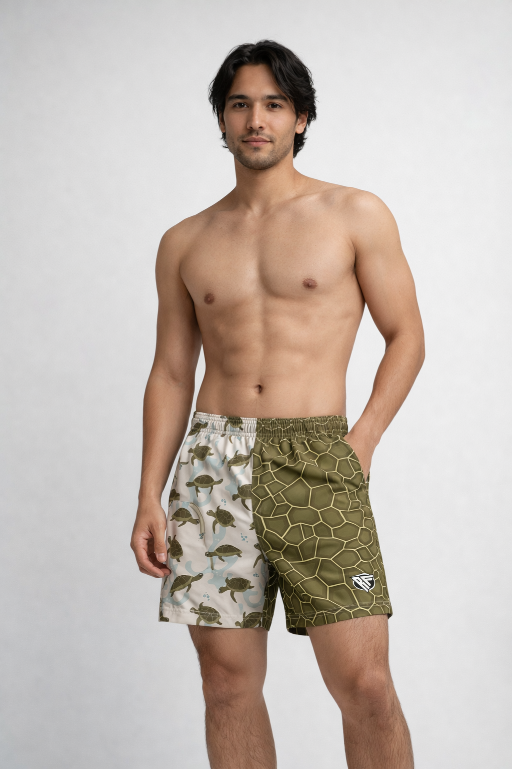 Man wearing RF-Wear Swim Trunks (Lined) Split Island Turtles