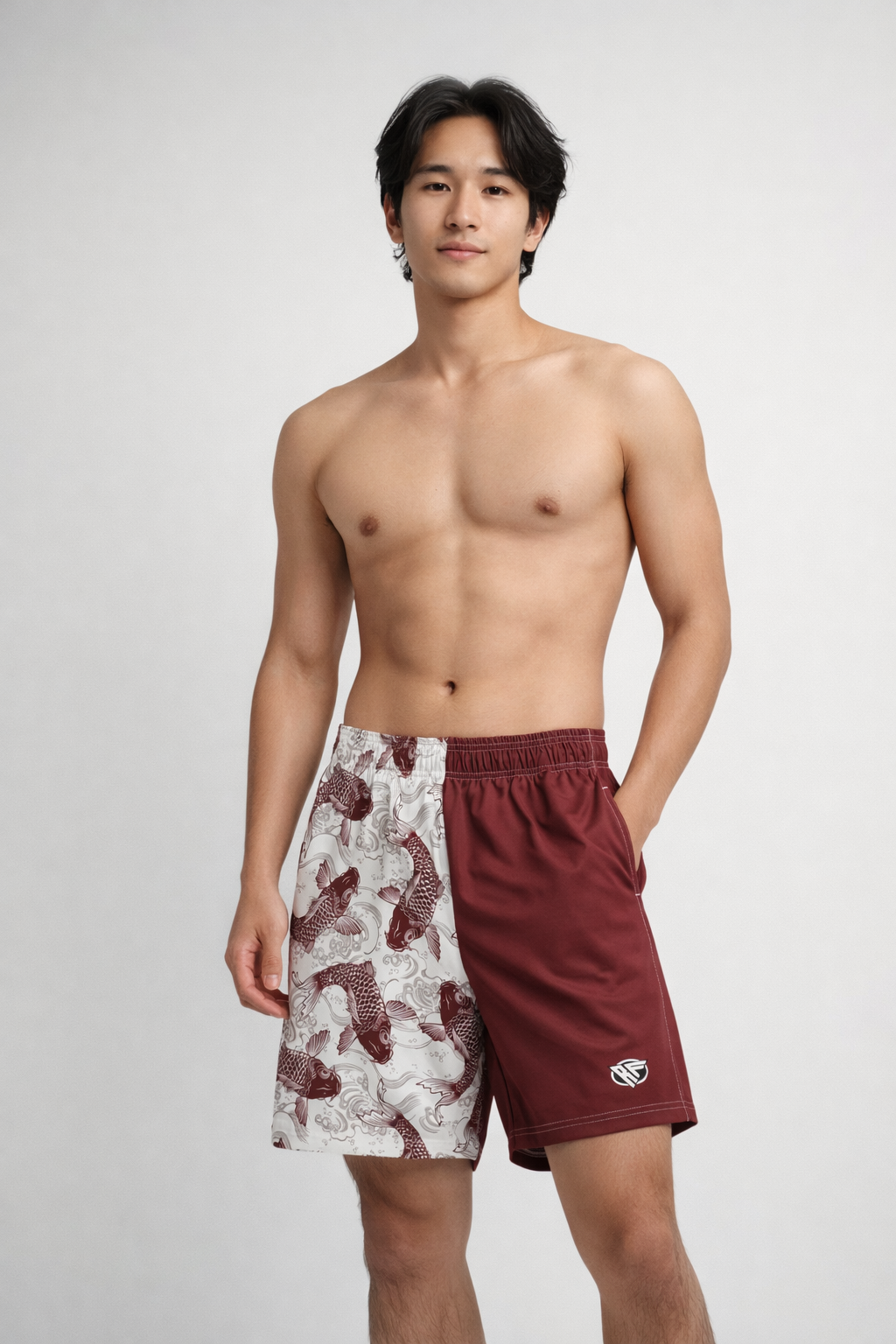 Man wearing RF-Wear Swim Trunks (Lined) Split Koi 