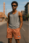 RF Wear Men's Mesh Animal Print Shorts  - Giraffe - Brown/Yellow - Model Front View