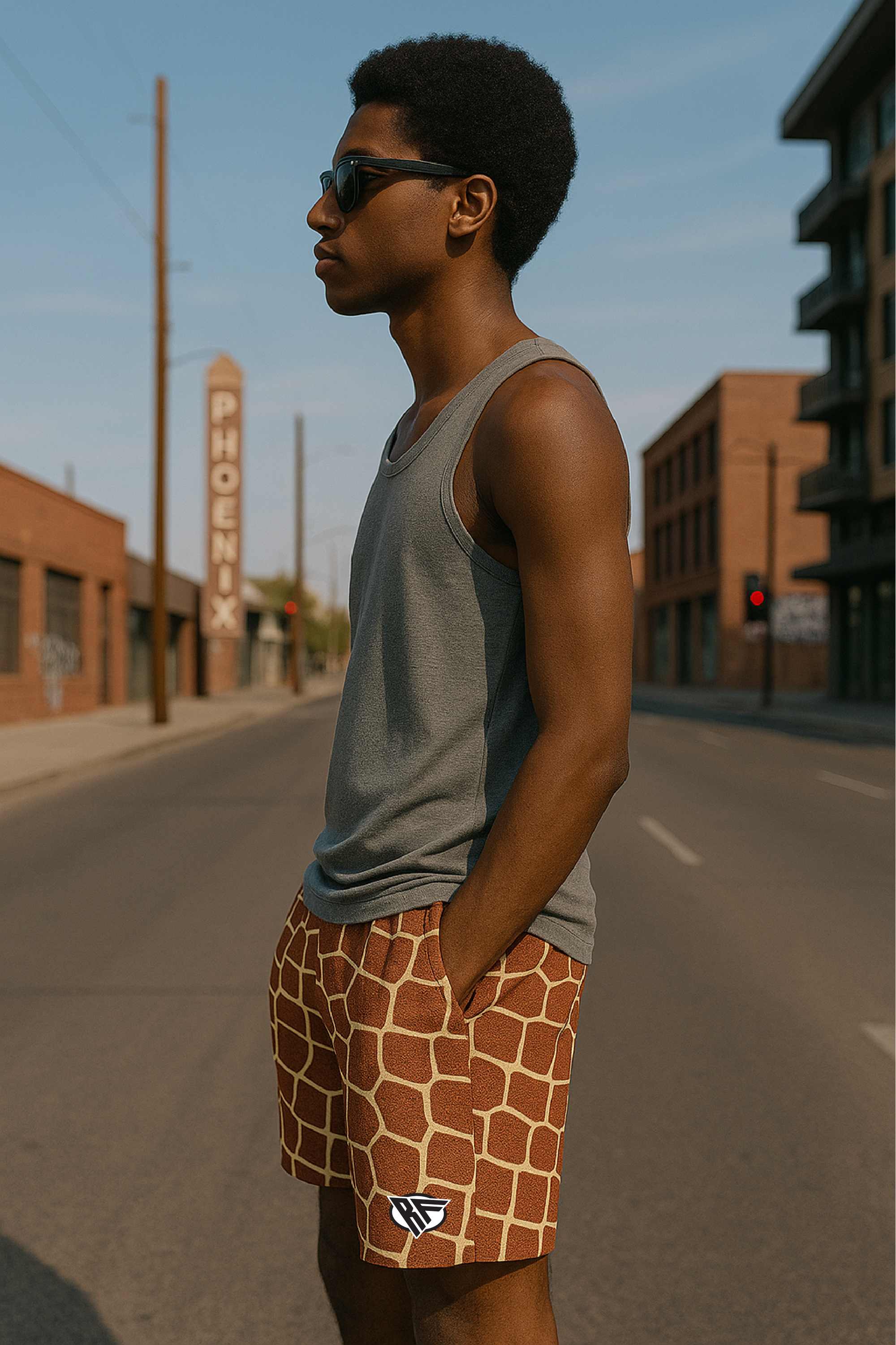 RF Wear Men's Mesh Animal Print Shorts  - Giraffe - Brown/Yellow - Model Side View
