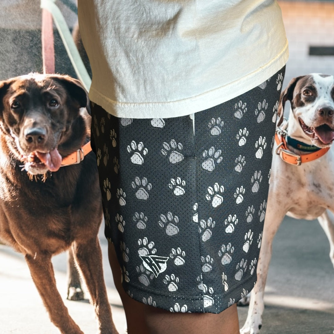 RF Wear Men's Mesh Animal Print Shorts  - Paw Prints - Black/Grey - Model Side View