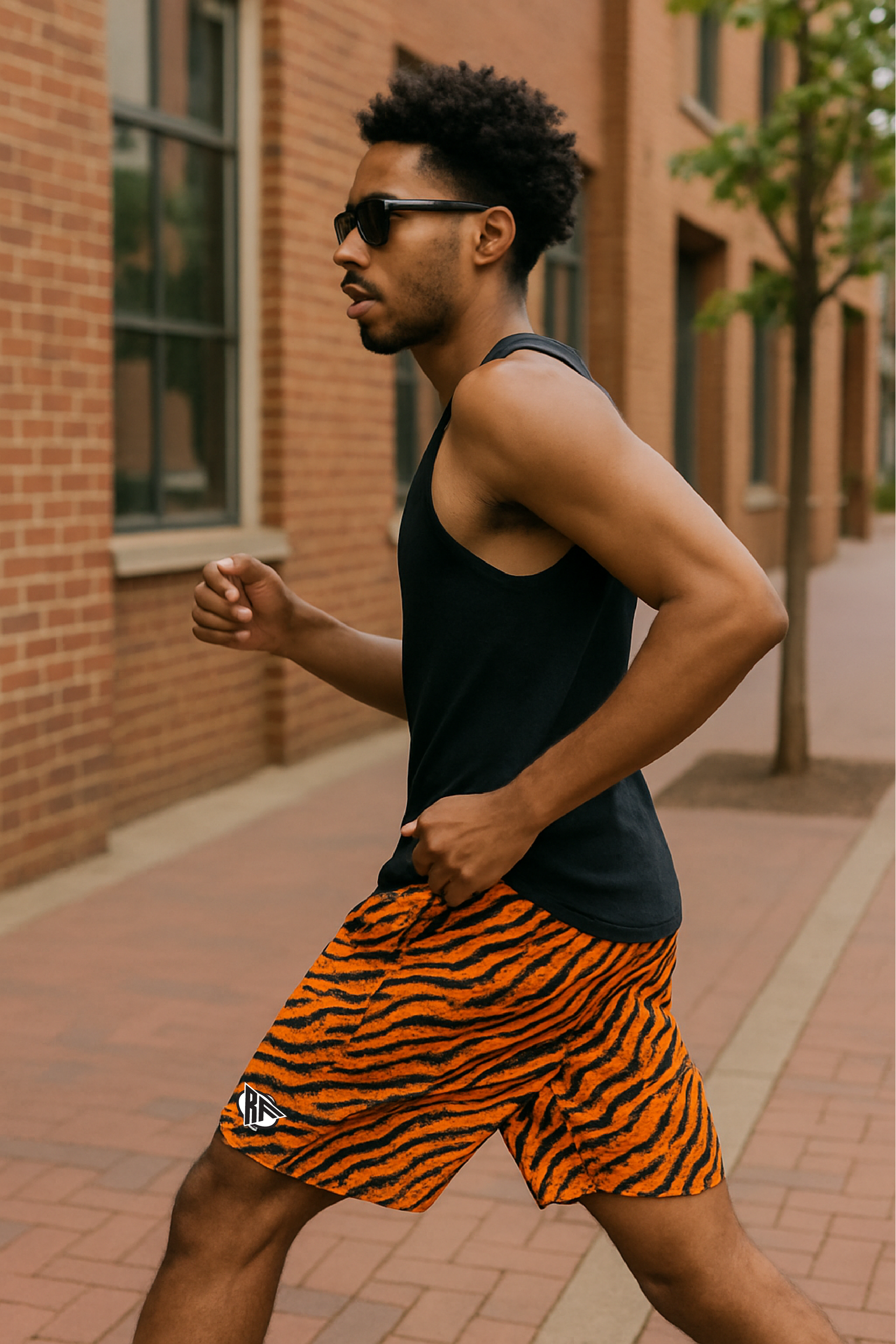 RF Wear Men's Mesh Animal Print Shorts  - Tiger - Orange/Black - Model Side View