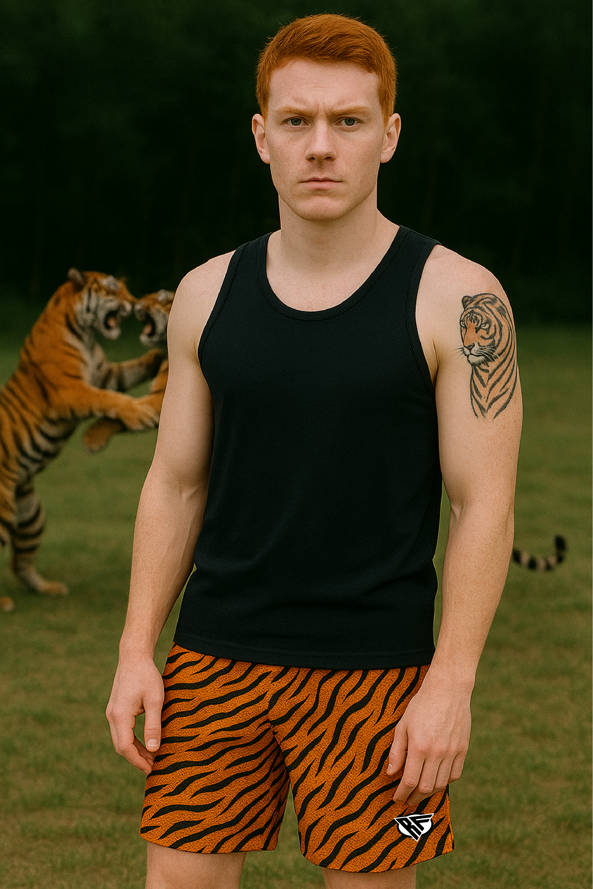 RF Wear Men&#39;s Mesh Animal Print Shorts  - Tiger - Orange/Black - Model Front Side
