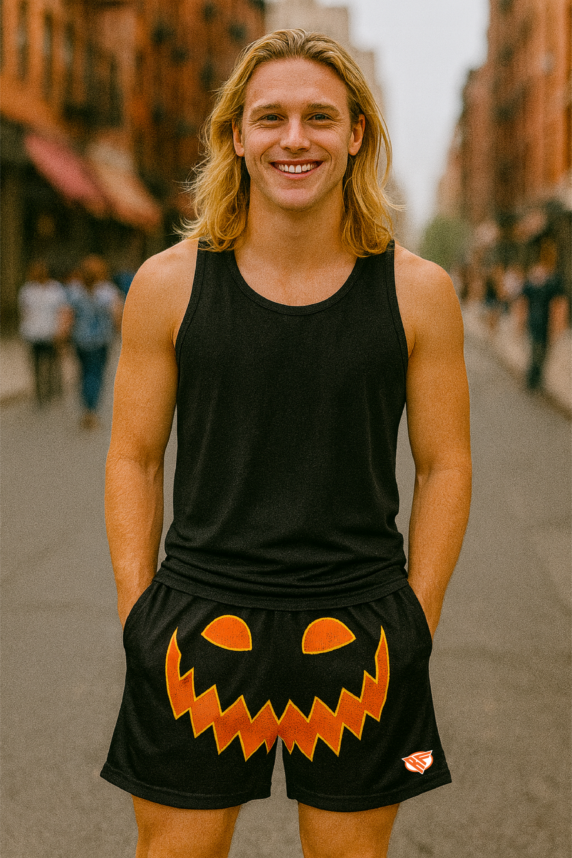 RF Wear Men's Mesh Jack-O-Lantern Face Shorts -  Black/Orange - Model Front View