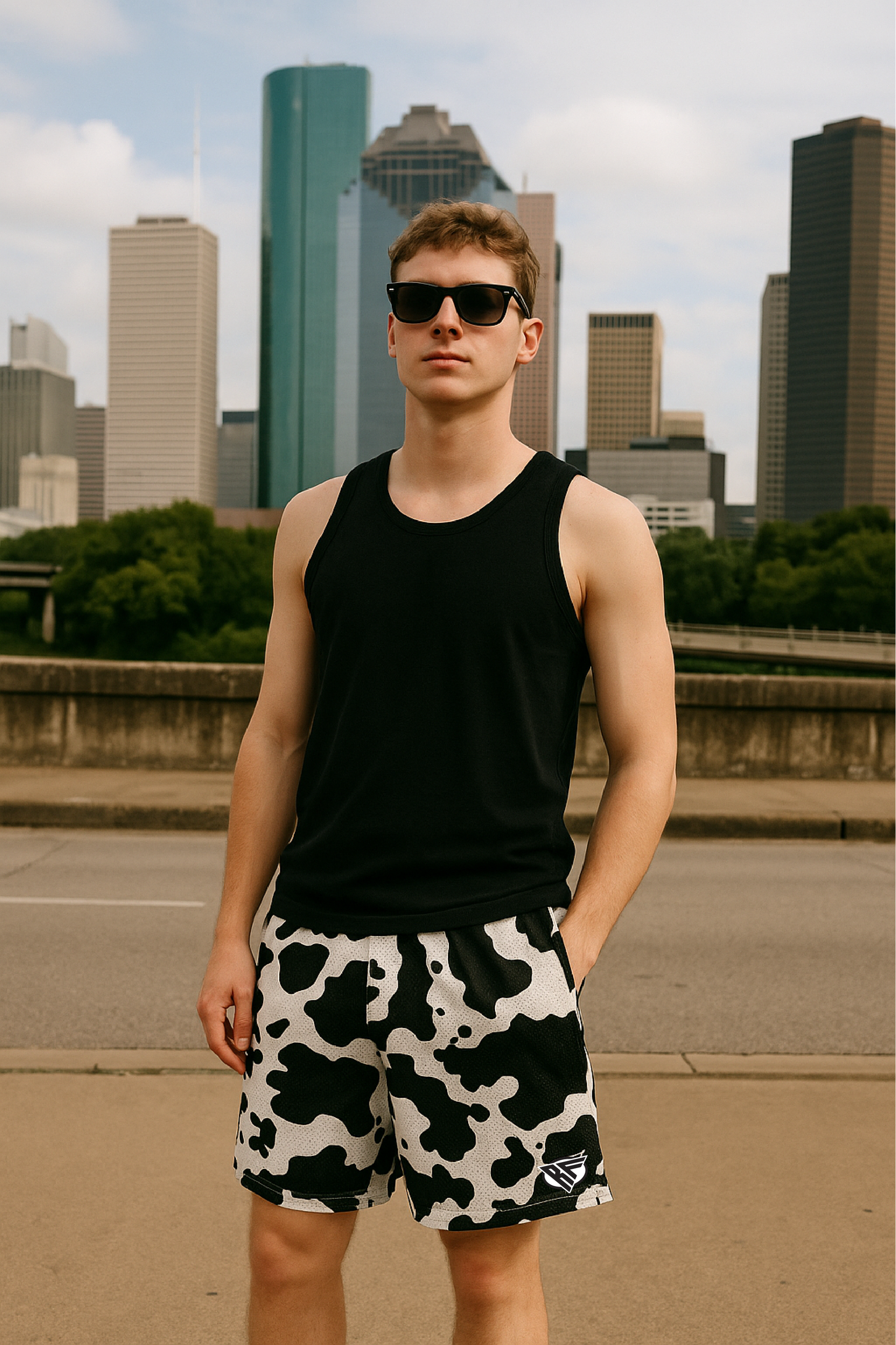 RF Wear Men's Mesh Animal Print Shorts  - Cow - Black/White - Model Front View