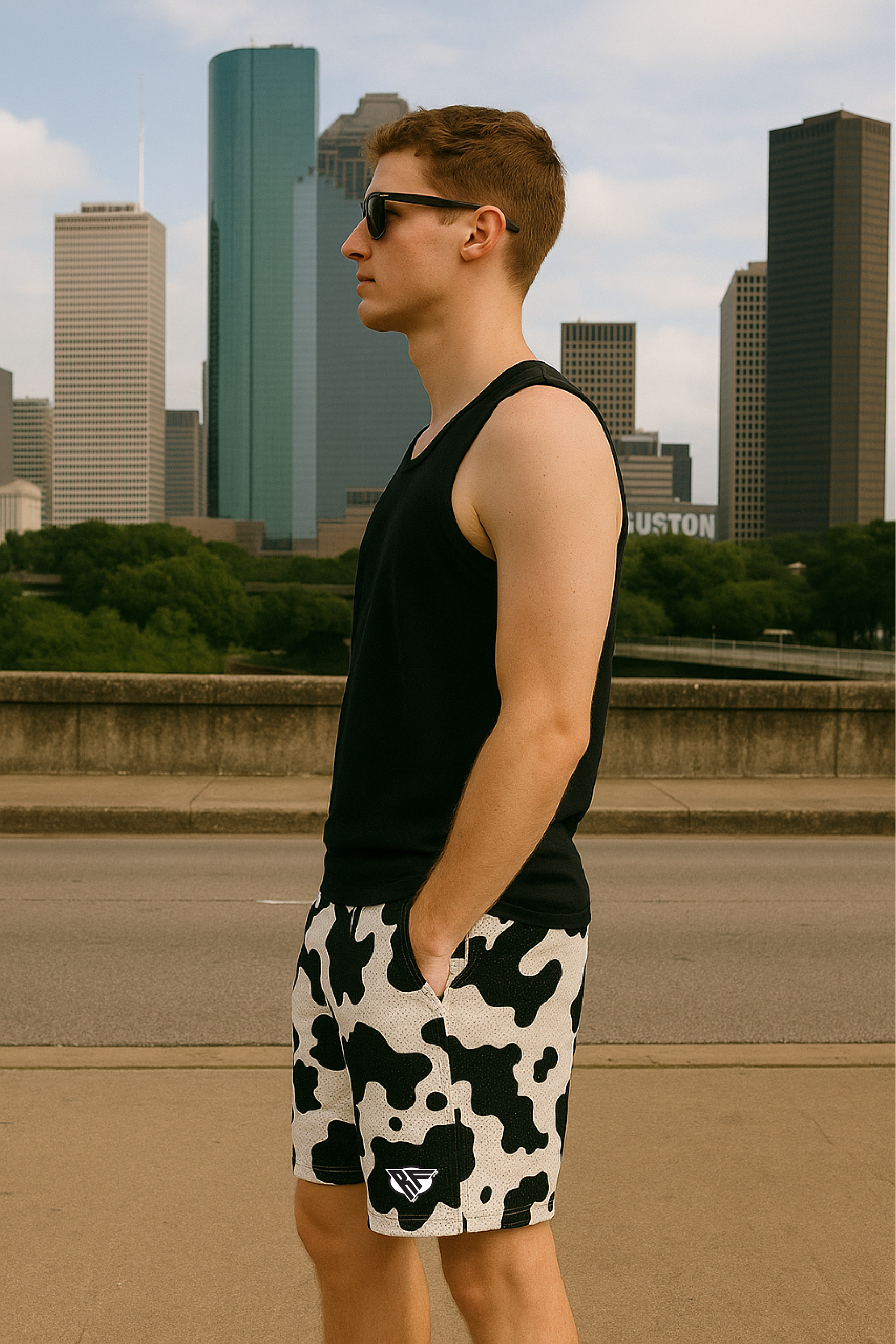 RF Wear Men's Mesh Animal Print Shorts  - Cow - Black/White - Model Side View