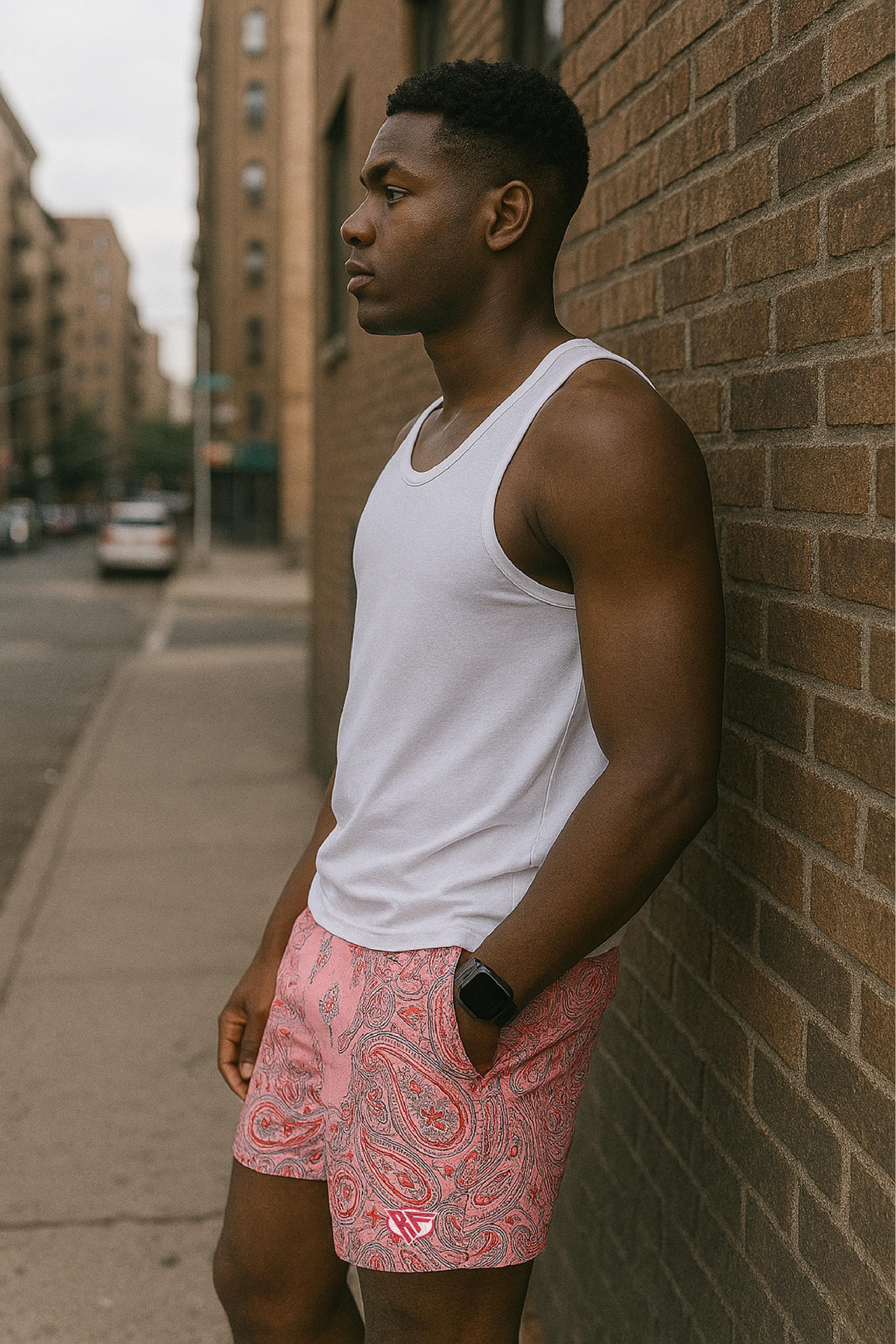RF Wear Men&#39;s Mesh Bandana Shorts - Pink/Red/Grey - Model Side View