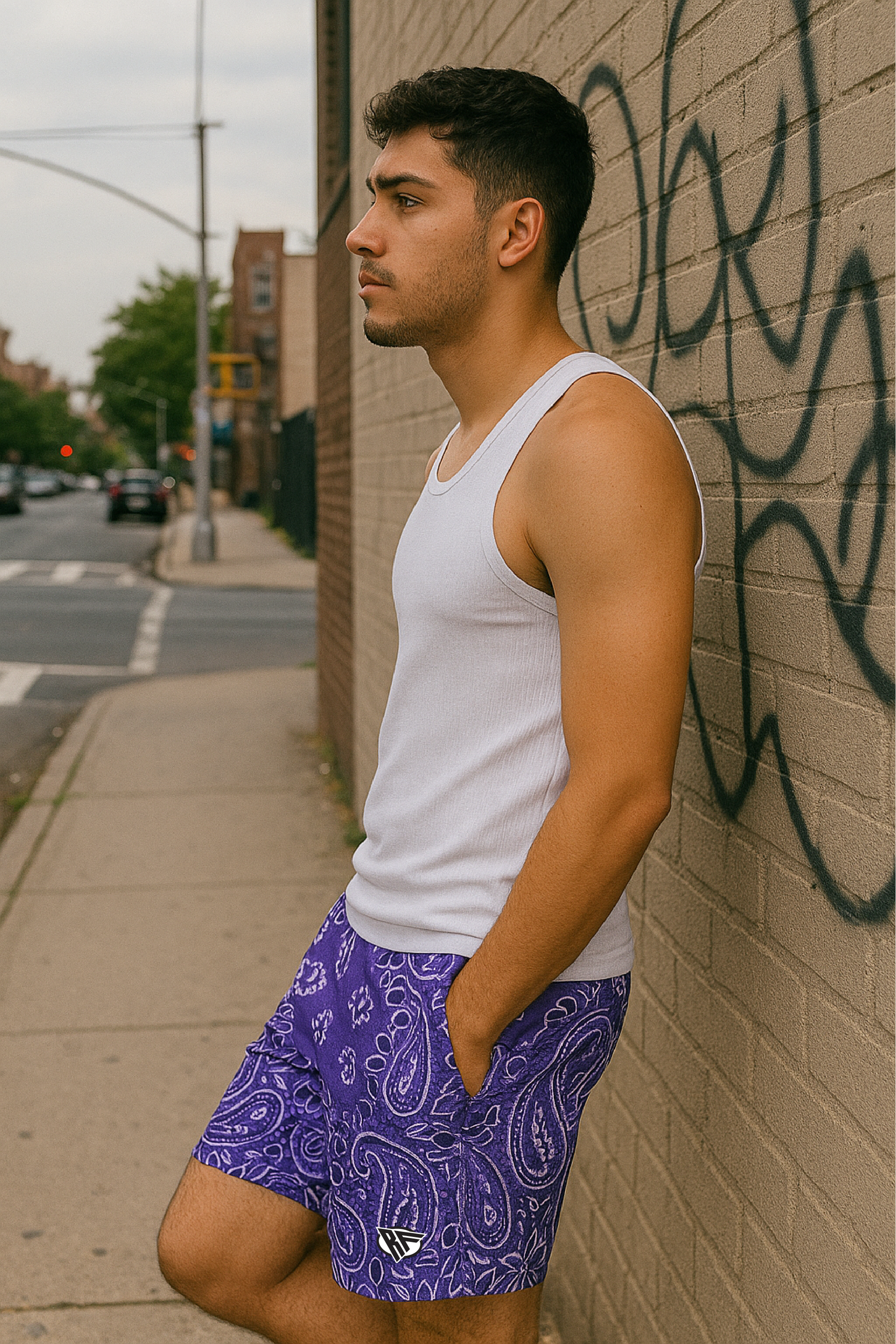RF Wear Men&#39;s Mesh Bandana Shorts - Purple/White - Model Side View