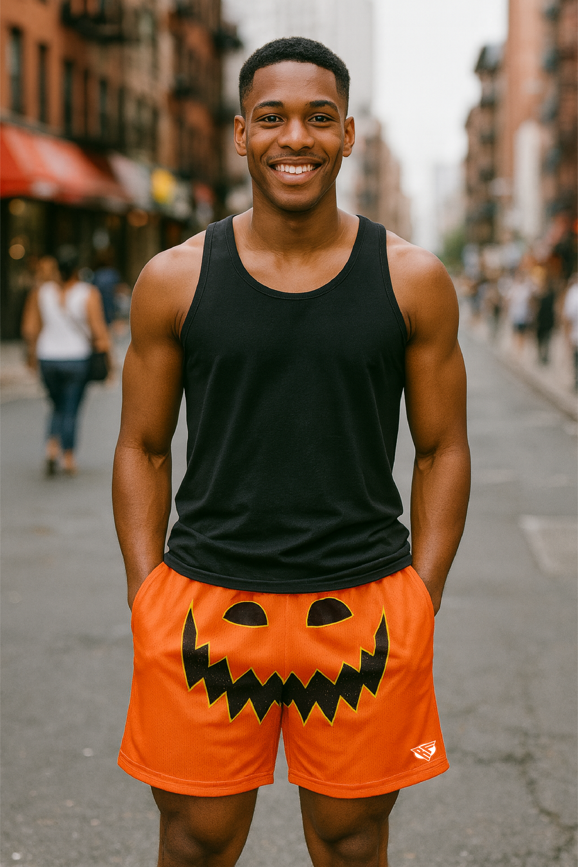 RF Wear Men's Mesh Jack-O-Lantern Face Shorts - Orange/Black - Model Front View