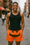 RF Wear Men's Mesh Jack-O-Lantern Face Shorts - Orange/Black - Model Front View