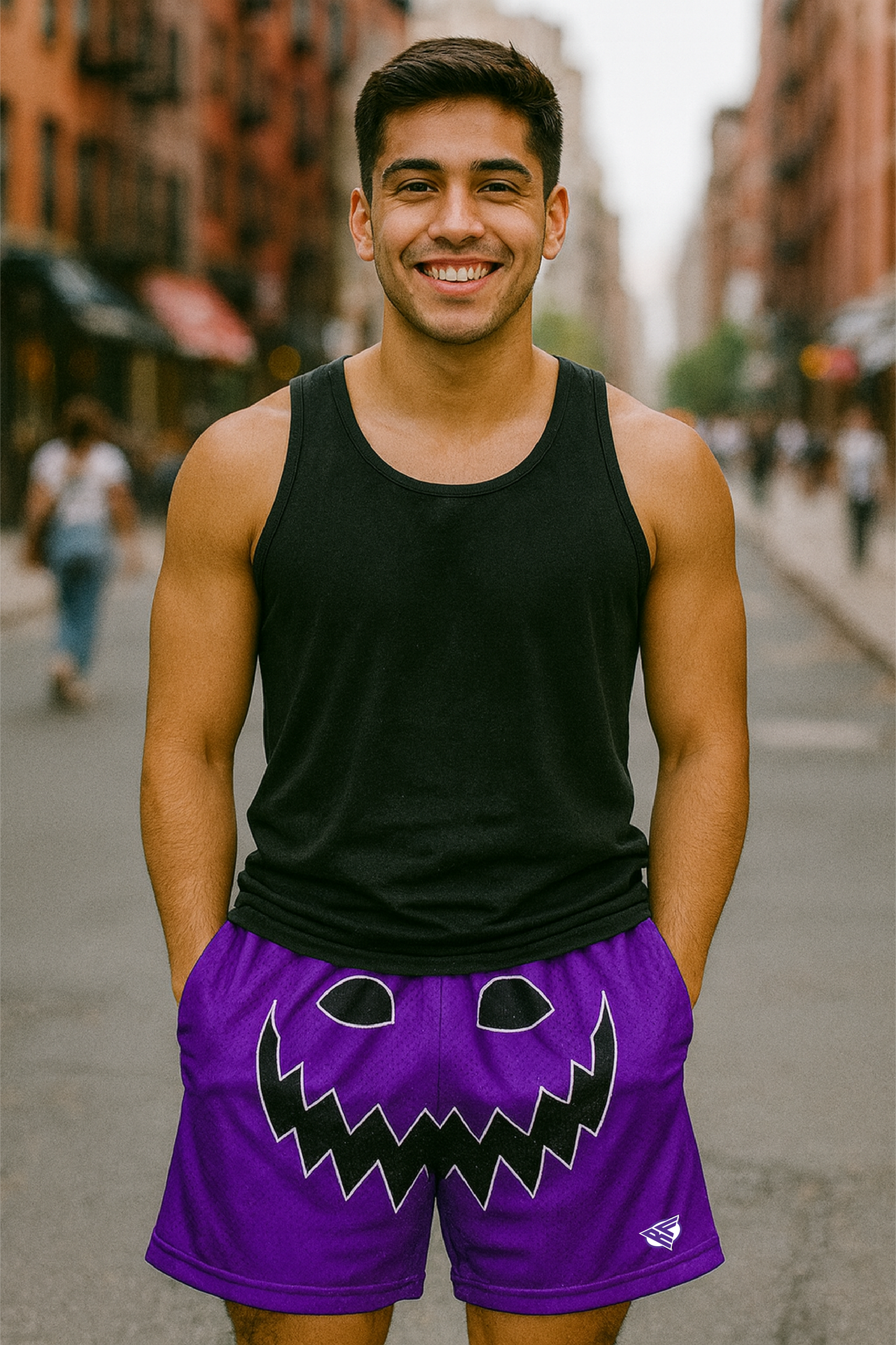 RF Wear Men's Mesh Jack-O-Lantern Shorts Purple/Black - Model Front View
