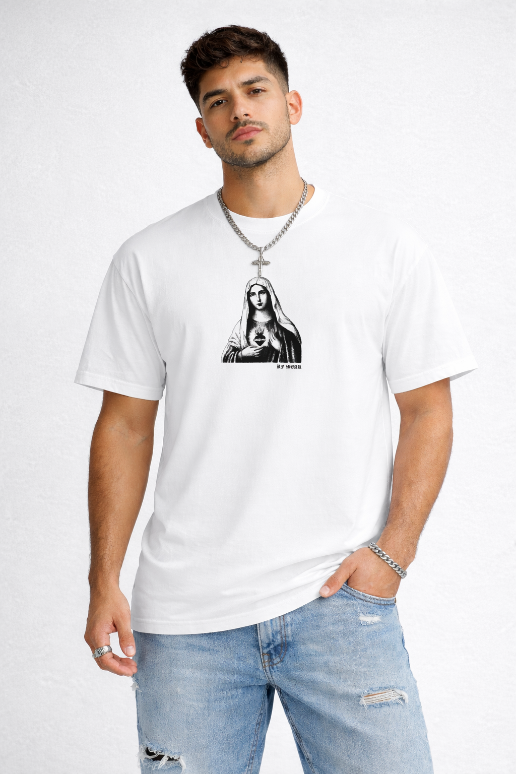 Man wearing jeans and RF-Wear Mary T-Shirt in White