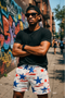 RF Wear Men's Mesh Patriotic Grunge Shorts - Red/White/Blue - Model Front View