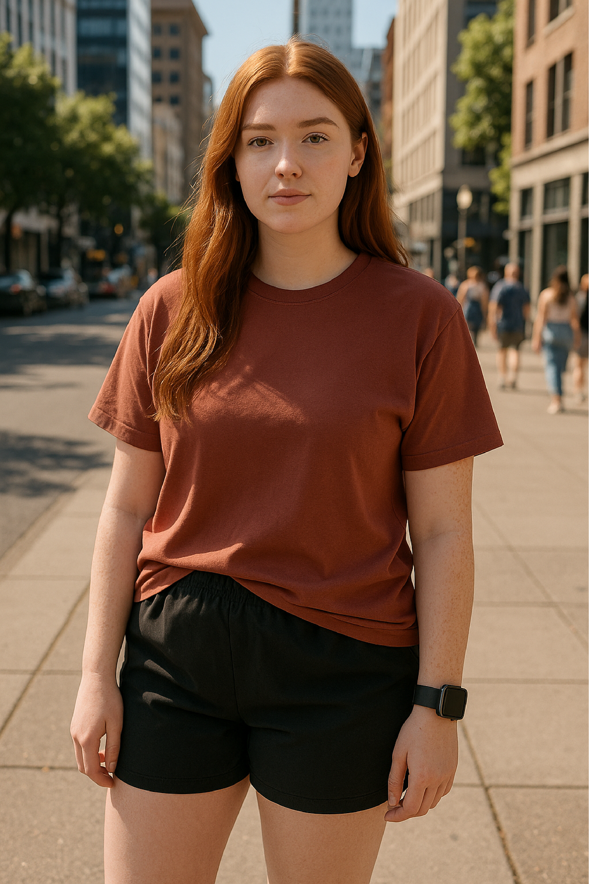 RF Wear Unisex Solid Color Short Sleeve T-Shirt - Brick - Female Model Front View
