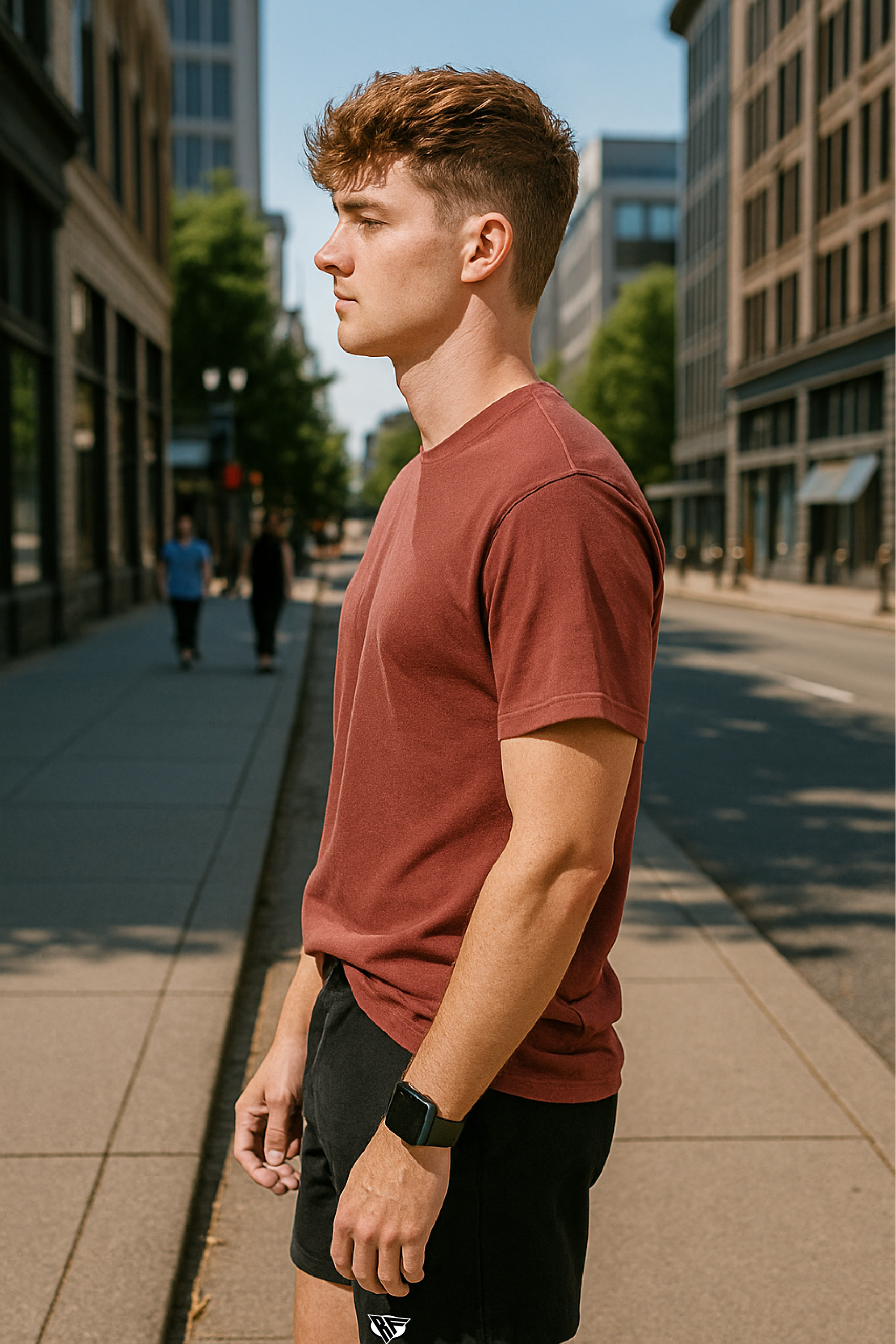 RF Wear Unisex Solid Color Short Sleeve T-Shirt - Brick - Male Model Side View