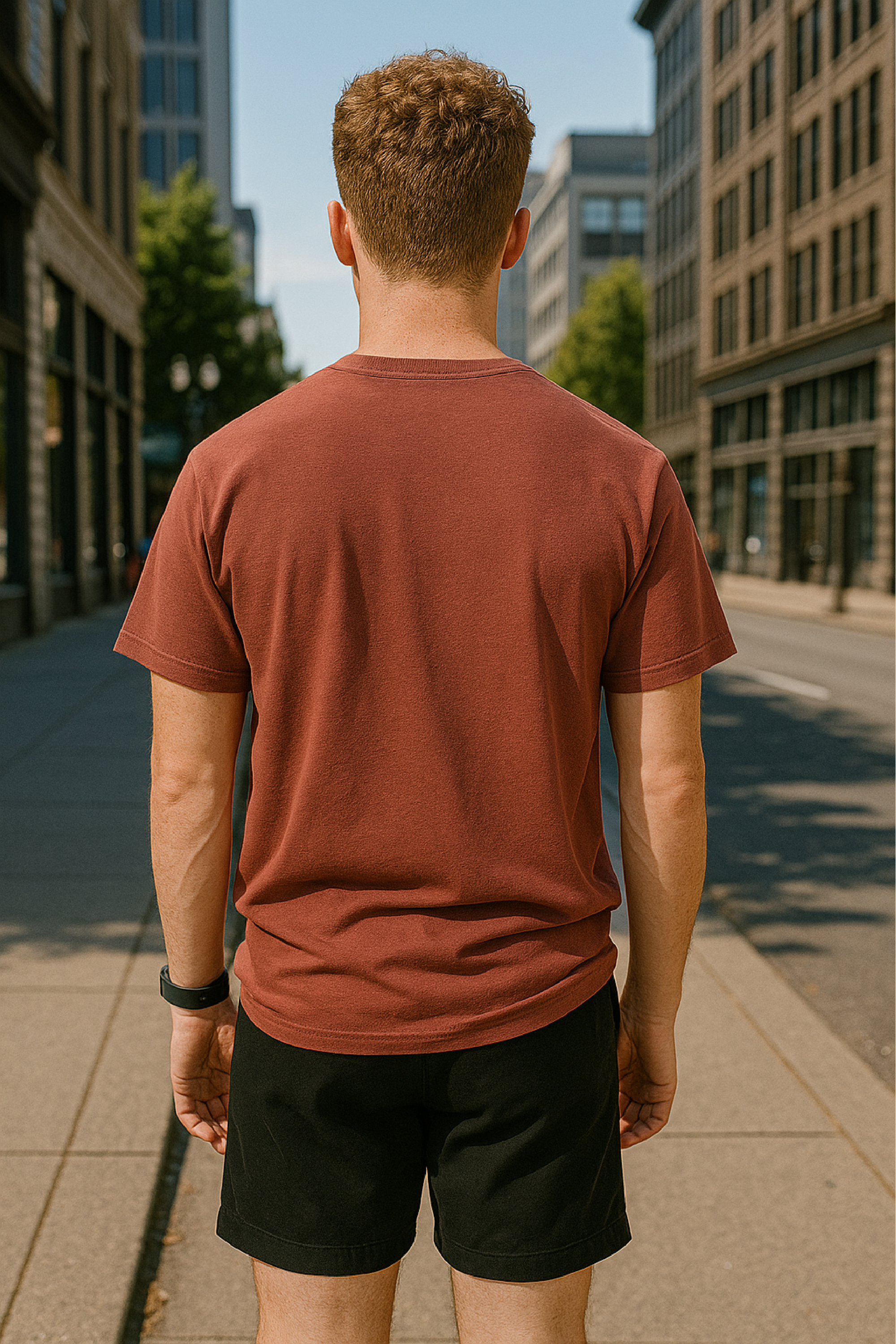 RF Wear Unisex Solid Color Short Sleeve T-Shirt - Brick - Male Model Back View
