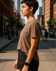 RF Wear Unisex Solid Color Short Sleeve T-Shirt - Espresso - Female Model Side View
