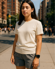 RF Wear Unisex Solid Color Short Sleeve T-Shirt - Ivory - Female Model Front View