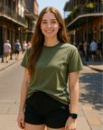 RF Wear Unisex Solid Color Short Sleeve T-Shirt - Moss - Female Model Front View