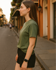 RF Wear Unisex Solid Color Short Sleeve T-Shirt - Moss - Female Model Side View