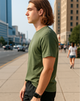 RF Wear Unisex Solid Color Short Sleeve T-Shirt - Moss - Male Model Side View