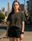 RF Wear Unisex Solid Color Short Sleeve T-Shirt - Pepper - Female Model Front View