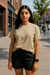RF Wear Unisex Solid Color Short Sleeve T-Shirt - Sandstone - Female Model Front View