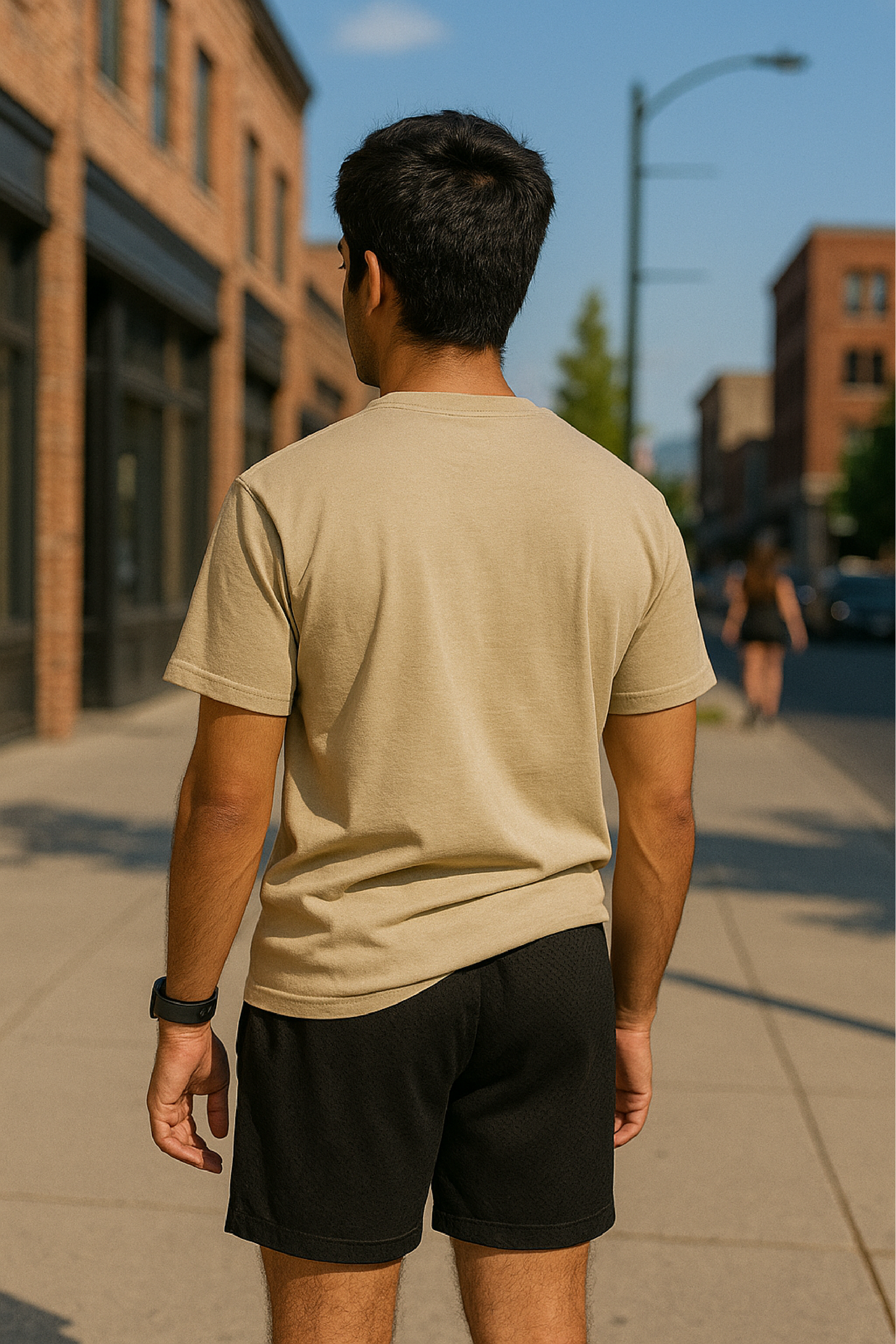 RF Wear Unisex Solid Color Short Sleeve T-Shirt - Sandstone - Male Model Back View