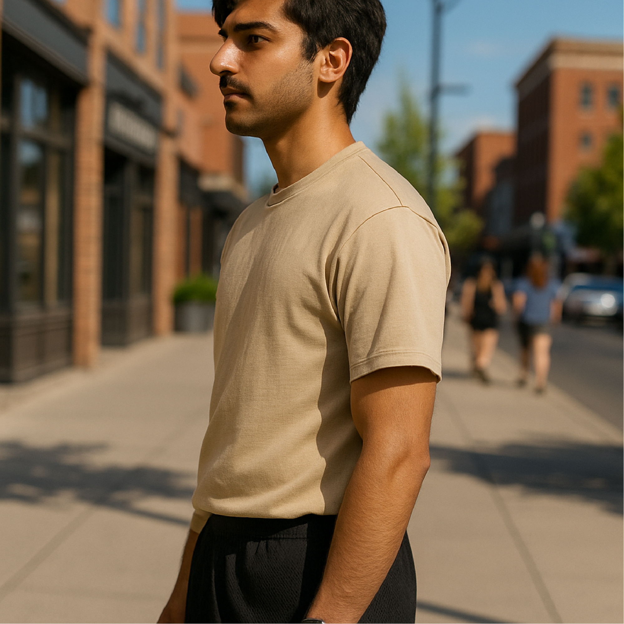 RF Wear Unisex Solid Color Short Sleeve T-Shirt - Sandstone - Male Model Side View