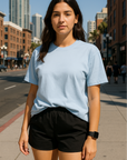 RF Wear Unisex Solid Color Short Sleeve T-Shirt - Sky Blue - Female Model Front View
