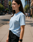 RF Wear Unisex Solid Color Short Sleeve T-Shirt - Sky Blue - Female Model Side View