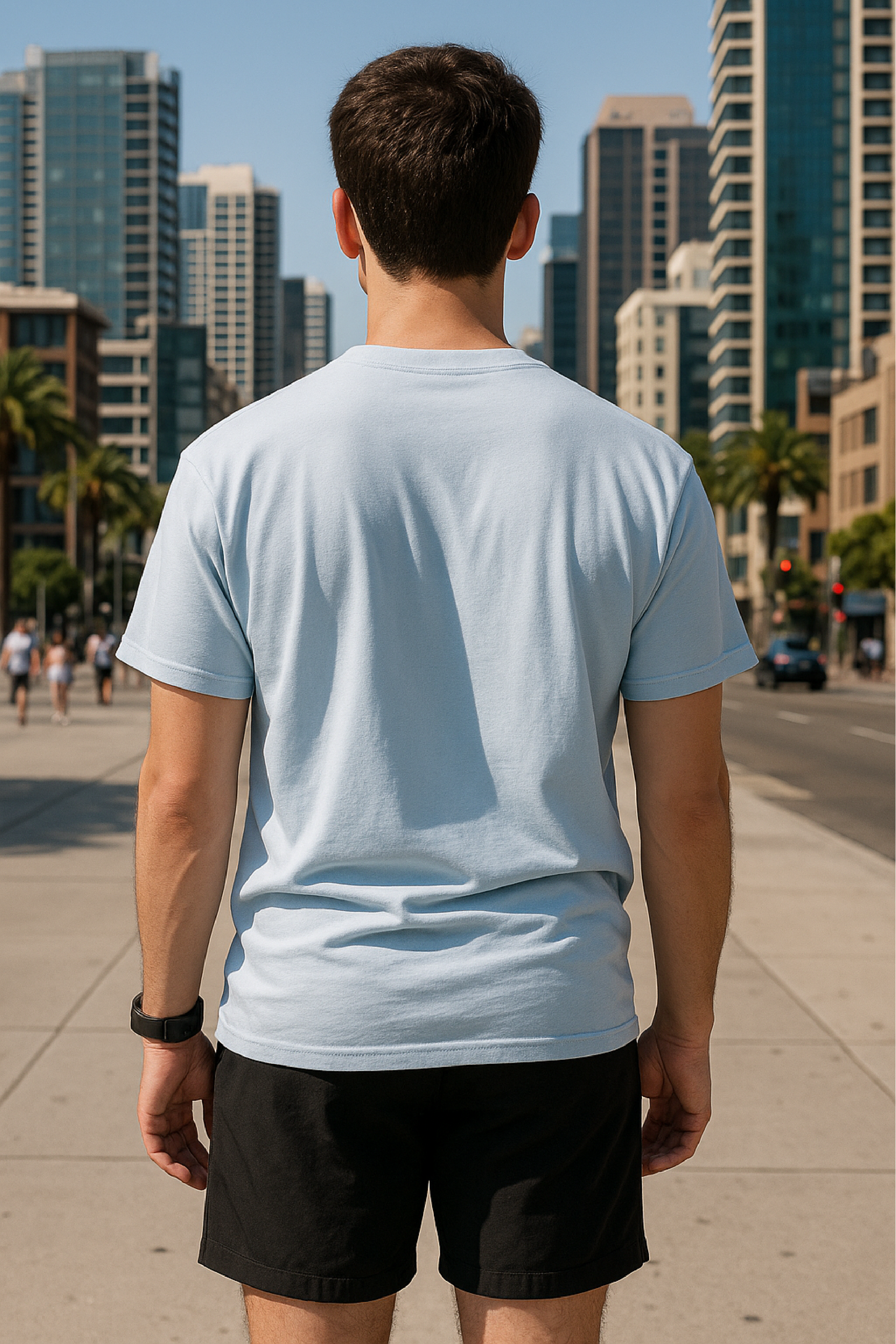 RF Wear Unisex Solid Color Short Sleeve T-Shirt - Sky Blue - Male Model Back View