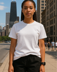 RF Wear Unisex Solid Color Short Sleeve T-Shirt - White - Female Model Front View