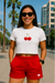 RF Wear Women's Cropped Flowy Cherry T-Shirt - White - Model Front View